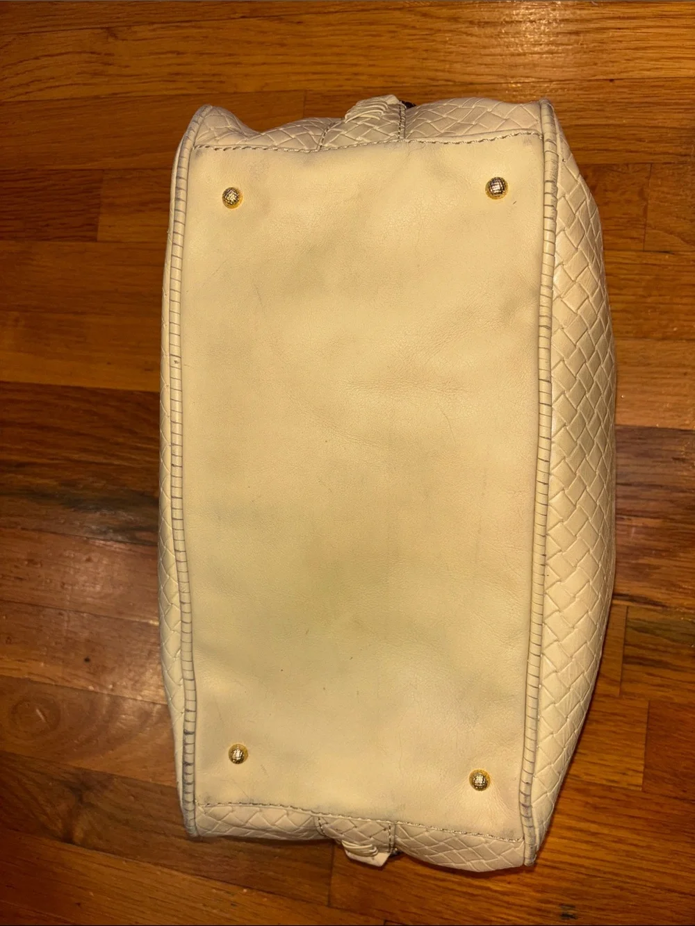 Antonio Melani Woven Style Leather Satchel Handbag - Cream-Gold Accents